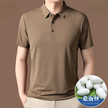 Мужская футболка с коротким рукавом из 100% Шелка Тутового дерева 2023 года из Натурального Шелка, Новая Летняя Тонкая Модная Повседневная Рубашка Поло Camisetas De Hombre