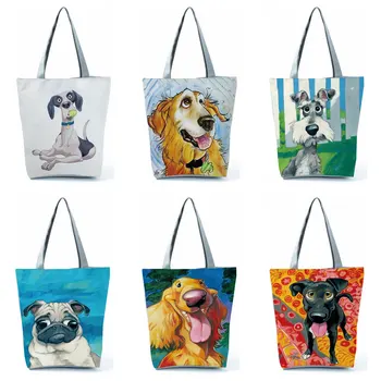Эко-сумки для покупок многоразового использования, Шнауцер, золотистый ретривер, женские тканевые сумки, сумка через плечо, сумка для собак с художественным принтом
