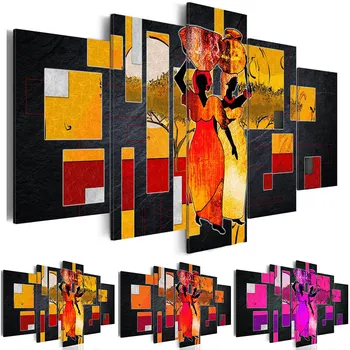 Абстрактная художественная картина на холсте, 5 предметов теплых тонов, Ходячие индийские женщины, несущие воду на голове, Украшение для стен, домашний декор