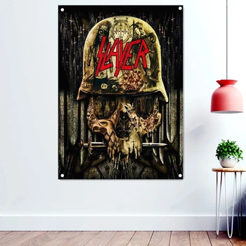 Шлем с черепом, произведение искусства в стиле хэви-метал, баннер, настенное искусство, Страшные кровавые обои, флаг, Искусство смерти, татуировки, плакаты рок-группы, украшение дома