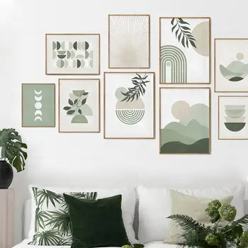 Зеленый шалфей, Лист Солнца и Луны, абстрактные бежевые геометрические плакаты, живопись на холсте, настенные рисунки, интерьер гостиной, домашний декор