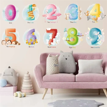 Милые животные, изучающие цифры (0-9), Наклейки на стены для детской спальни, украшение дома, Мультяшная настенная живопись, наклейки из ПВХ, плакат для детской