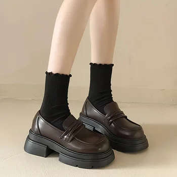Модные однотонные лоферы 2024 года, Женские повседневные лоферы на толстой подошве и высоком каблуке, весенне-зимняя официальная обувь Mary Jane Shoes