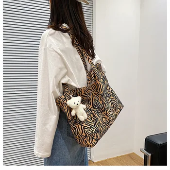 Корейская холщовая сумка с леопардовым принтом, женская винтажная сумка на одно плечо, Женская вместительная холщовая сумка для покупок, тоут-тоут