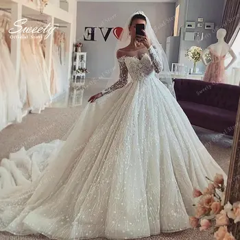 Роскошное свадебное платье, расшитое кружевом на сетке, со шлейфом для бального платья, элегантный вырез лодочкой, длинный рукав, свадебные платья, халаты на пуговицах De Ma
