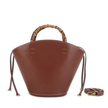 Нишевая сумка-ведро с бамбуковой ручкой большой емкости, модный Ретро-стильный многофункциональный дизайн на шнурке, женская ручная сумка через плечо