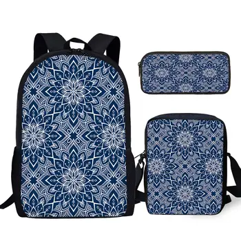 YIKELUO 3D Синий Принт Мандалы Прочный Повседневный Рюкзак 3шт Студенческий Подарочный Пакет 