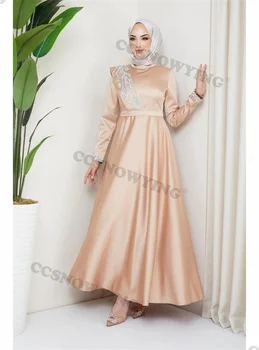 Аппликации Из бисера Хиджаб Мусульманские вечерние платья Атласное Исламское вечернее платье с длинным рукавом Женское Арабское вечернее платье трапециевидной формы