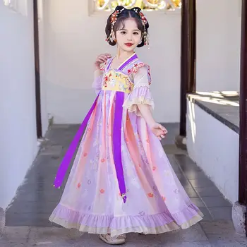 Одежда древних фей, детский фиолетовый костюм Ханфу с цветочной вышивкой, китайский стиль, Модные удобные платья для девочек
