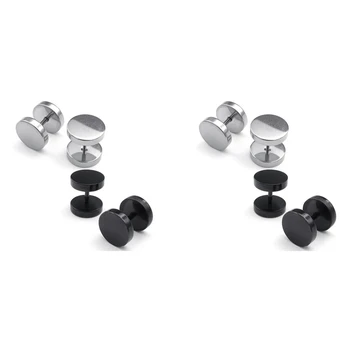 Ювелирные изделия Мужские серьги, круглые ушные шпильки, 6 мм, 4 пары, черно-серебристый цвет-нержавеющая сталь