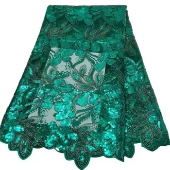 Модная Зеленая Африканская кружевная ткань 5 ярдов 2023 Фиолетовая Высококачественная Нигерийская вечерняя вышивка блестками Французский Тюль Кружевная ткань