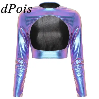 Женский укороченный топ с металлическим блестящим вырезом, облегающая футболка с длинным рукавом и открытой передней частью, топы для диско-бара, костюм для рейв-вечеринки, сексуальная клубная одежда