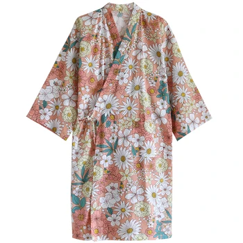 Японская ночная рубашка из марлевого хлопка с принтом, Женское тонкое кимоно, кардиган, пижама на шнуровке, Летний халат, домашняя одежда