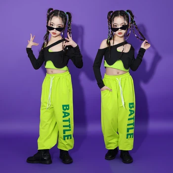 Детские танцевальные костюмы в стиле хип-хоп для девочек, топы с длинными рукавами, свободные брюки, одежда для уличных танцев, сценические костюмы для джазовых танцев DQS12603