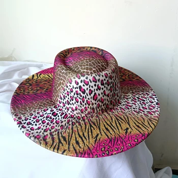 фетровая шляпа 9,5 см розово-красного цвета с леопардовым принтом, новая широкополая шляпа с выступающими полями для мужчин и женщин, модная женская шляпа уникального стиля