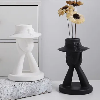 Абстрактная ваза для лица, Керамический цветочный горшок с человеческой головой, орнамент ручной работы, черный, белый, гостиная, обеденный стол, ваза для цветов, домашний декор