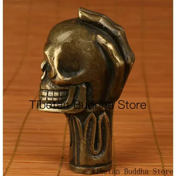 Китайская древняя бронзовая статуя черепа ручной работы, костыль, головка трости