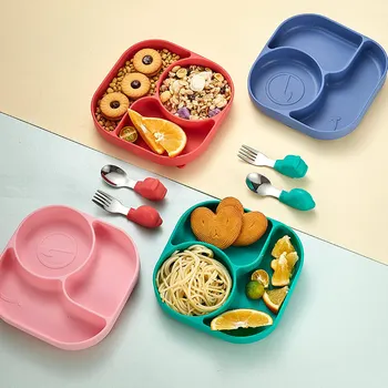Детский силиконовый поднос, обеденная тарелка, три отделения с присоской для еды, принадлежности для матери и младенца, ложка для еды, посуда