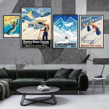 Снежные поезда - Лыжи - Бостон и Мэн - Винтажный лыжный плакат -