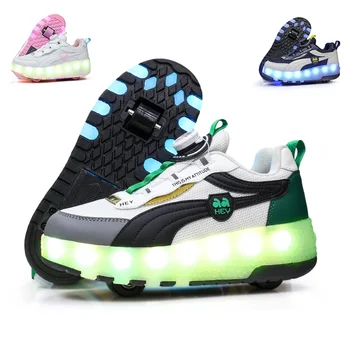 Детские кроссовки с поворотной пряжкой, двумя колесами, USB-зарядкой, светодиодной подсветкой, обувь для роликовых коньков Для детей, Модная обувь для мальчиков и девочек, Светящаяся обувь