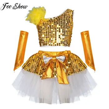 Детский танцевальный костюм для девочек, укороченный топ без рукавов с блестками и юбка-пачка с бантом, перчатки с металлическим блеском