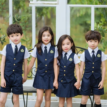 Детская рубашка с короткими рукавами, жилет, шорты, комплекты одежды из 3 предметов, форма для начальной школы, летнее платье, костюм для мальчиков и девочек