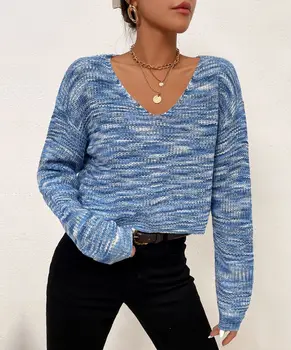Xylocarp-Женский короткий синий свитер с V-образным вырезом, длинным рукавом, осенне-зимняя мода, QL7221, 2023, Новинка