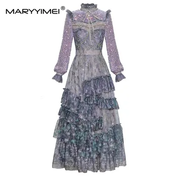 MARYYIMEI Модное весенне-летнее Женское платье Со стоячим воротником и рукавом-фонариком, расшитое блестками и бисером, Сетчатый принт, многоуровневые платья с оборками
