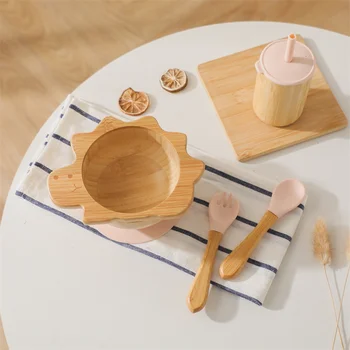 Бамбуковые Деревянные Обеденные тарелки с динозаврами Детская Посуда Принадлежности для кормления С присосками Набор детской посуды для младенцев, не содержащий BPA