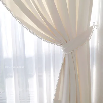Современные художественные шторы для гостиной, белый бархатный шар, полупрозрачная занавеска из хлопка и льна, кухонные шторы