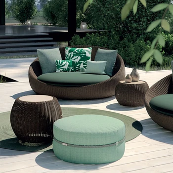 Уличный диван из ротанга, креативная терраса во внутреннем дворе, садовый стул из ротанга, чайный столик, комбинация для отдыха на открытом воздухе, защита от солнца