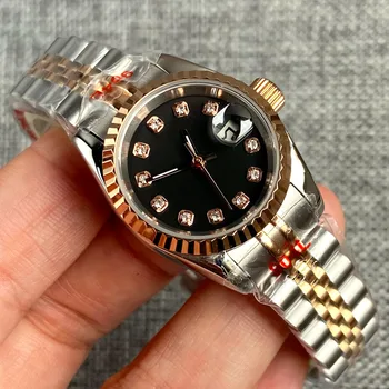 26-миллиметровый безель для монет с покрытием из розового золота, маленькие женские часы с дисплеем даты NH05, часы-браслет, Сапфировое стекло, Черный циферблат, драгоценности