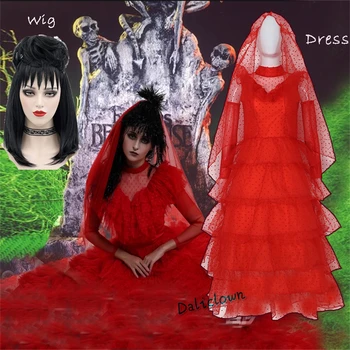 Костюм для косплея Movie Beetle Cos Juice Lydia, парик, волосы, красное готическое свадебное платье невесты, костюм для вечеринки, костюм BeetleJuice, женский костюм