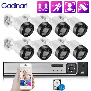 Комплект системы видеонаблюдения Gadinan 8-канальный POE NVR с системой распознавания лиц 5-Мегапиксельная IP-камера с двусторонним аудио для обнаружения человека Комплект видеонаблюдения CCTV