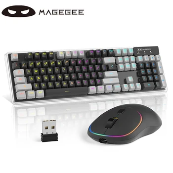 Комбинированная Беспроводная Игровая клавиатура и Мышь Magegee, Перезаряжаемая клавиатура MageGee V550 2.4G с RGB Подсветкой и Прозрачным Корпусом, Полный Размер