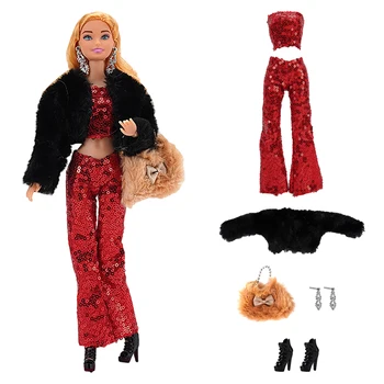 NK 1 Комплект зимнего платья в элегантном кукольном стиле: черное пальто + красный топ + брюки + серьги + сумка + высокие каблуки Для игрушек Куклы Барби, аксессуары