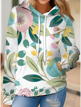 Женский свитер с цветочным рисунком, капюшоном и карманом на шнурке, новинка осени 2023 года, универсальная удобная толстовка большого размера с длинным рукавом