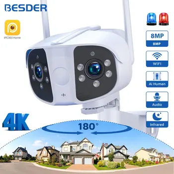 BESDER 8-мегапиксельная IP-камера Наружного ночного видения с панорамным обзором шириной 180 ° Angel 4K CCTV Wifi Камера наблюдения Обнаружение человека IPC360 Home