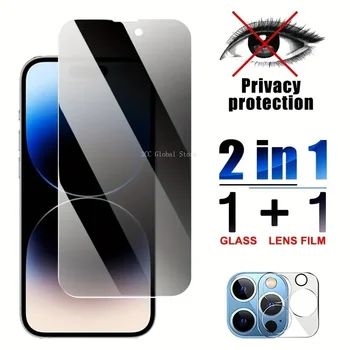 Стеклянная Защита Экрана Объектива Камеры Конфиденциальности 2 в 1 и Пленка из Закаленного Стекла для iPhone 11 Pro Max 12 13 Mini 14 Pro 15 Plus Glass