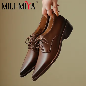 MILI-MIYA/ Новое поступление, женские туфли-лодочки из натуральной кожи в стиле ретро, на толстом каблуке со шнуровкой, с острым носком, большие размеры 34-41, ручной работы