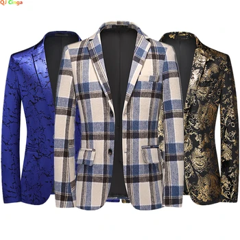2023 Новый мужской пиджак, Золотисто-синие Повседневные Клетчатые блейзеры, куртки, Мужское модное Приталенное пальто, Большой размер M-5XL 6XL