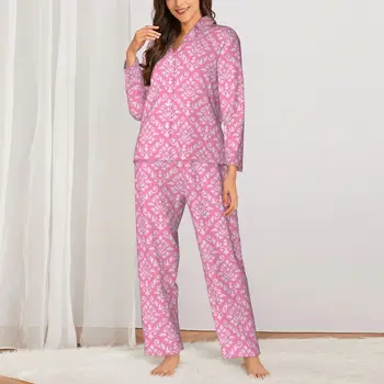 Пижамные комплекты с дамасским принтом в стиле барокко, осенняя розовая и белая пижама для сна, женская повседневная одежда из двух предметов, негабаритный домашний костюм с рисунком