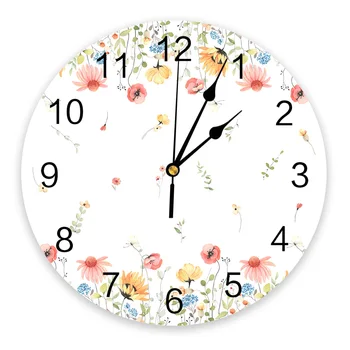 Весенние Акварельные цветочные листья Настенные часы Бесшумные Цифровые часы для украшения дома Спальни кухни Гостиной