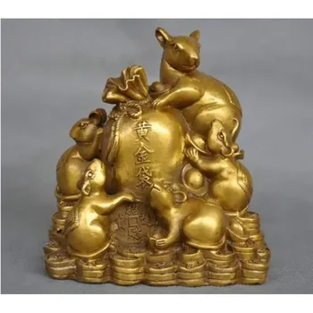 Китайский Зодиак Пять Крыс Мышь Деньги Мешок Монет Бронзовая Статуя Бесплатная Доставка