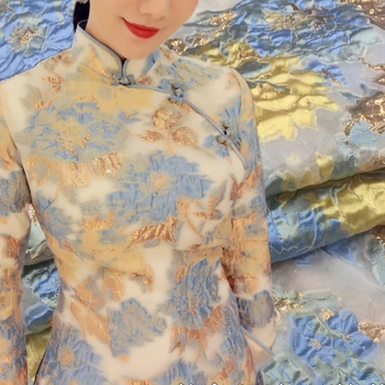 Жаккардовая ткань Синяя Бронзирующая Органза Ткани с вырезанными цветами Весенне-летняя юбка Чонсам Вышивка Материал одежды по метрам