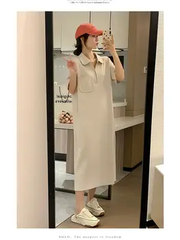 Корейский стиль 2023 Лето Беременная женщина Свободное платье С коротким рукавом на молнии, с отложным воротником, Прямое платье для беременных Оптом