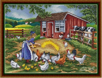 Кормление цыплят на ферме 46-37 Набор для вышивания крестиком 14 карат 18 карат 25 карат Хлопчатобумажный холст Вышивка крестом Нитки для вышивания своими руками Ремесло