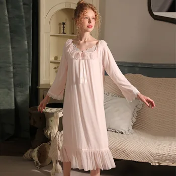 Весенне-осеннее винтажное сетчатое ночное платье, женская милая ночная рубашка с квадратным воротником и длинными рукавами, Розовая длинная ночная рубашка, пижамы принцессы