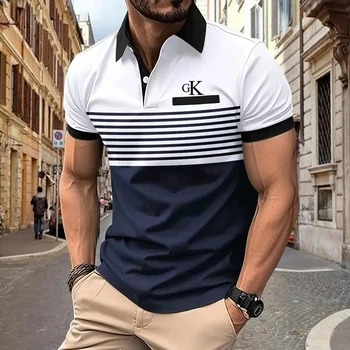 Мужская рубашка поло в полоску с буквенным рисунком, мужская рубашка с коротким рукавом, мужская повседневная толстовка оверсайз с 3D принтом, футболка с пуговицами на лацканах одежды