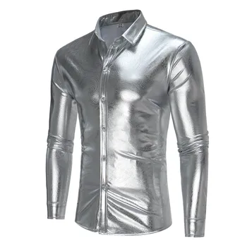 Серебряная мужская рубашка из искусственной кожи 2024, модные роскошные брендовые рубашки с длинным рукавом для мужчин, сценический костюм певца из ночного клуба